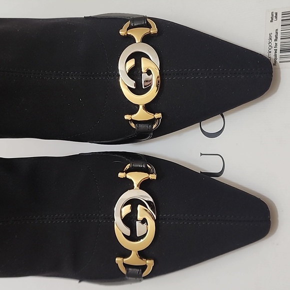 Gucci Monterry Stretch/Malaga Black Heeled Boots & Gold Accents Size 37 605436 - Picture 7 of 13